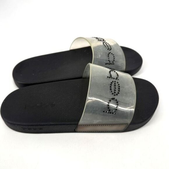 NWOT Bebe Dahlia Clear Size 9 Slides Sandals Black Spellout Large - Picture 4 of 9